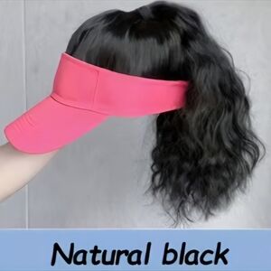 Pink Visor with Natural Black Hair Extension